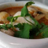 Tom-Yum Shrimp · Spicy.  Typical Thai hot and sour shrimp soup with mushrooms,  lime juice,  chili, and herbs.