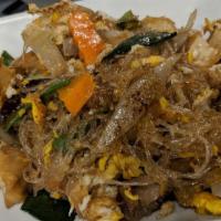 Pad-Woon-Sen (Clear Noodles) · Clear noodles sautéed with egg, onions, mushrooms, baby corn, carrots, snow peas, & celery.