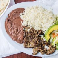 Carne Asada · Rosted meat. Grilled steak served with rice, beans, avocado, pico de gallo, two tortillas.