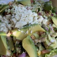 Chicken Avocado Salad · Served with romaine chicken, corn black beans, avocado, feta cheese, pico de gallo and cilan...