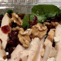 Mixed Greens Chicken Salad · Mixed greens, dried cranberries, walnuts, feta cheese, grilled chicken and a housemade honey...