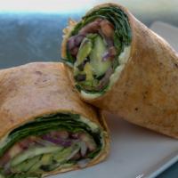 The Lulu Sandwich · Vegan. Hummus, spinach, cucumber, tomatoes, avocado and red onion on tomato basil wrap.