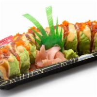 Spicy Caterpillar · Tuna, cucumber, crunch flake, topped with sliced avocado, spicy sauce, eel sauce, masago.