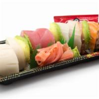 Rainbow Roll · Salmon, tuna, white fish, shrimp, avocado, on top of California roll.