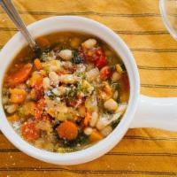 Minestrone (15 Oz) · Gluten free, vegan. A meal of a soup, loaded with fresh and healthy seasonal vegetables and ...