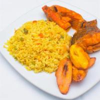 Fried Rice, Plantain With Fresh Fish · Fried rice cooked with white rice, oil, carrot, green peas, green beans, shrimp and liver is...