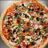 Veggie Deluxe Pizza · Fresh peppers, tomatoes, onion, mushrooms, sweetcorn, spinach, black olives and feta cheese.