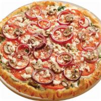 Garlic Spinaci · A white garlic sauce base topped with baby spinach, red onions, mushrooms and tomatoes, then...