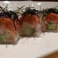 Hopatcong Roll · crab stick ,avocado,cucumber , wrap soy paper , top is spicy tuna and seaweed with special s...