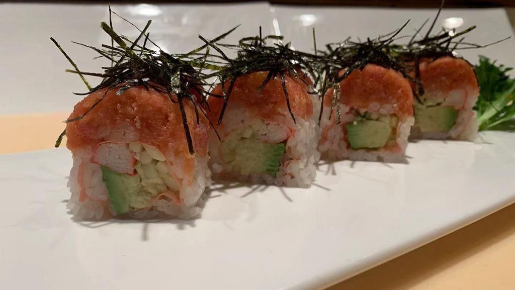 Hopatcong Roll · crab stick ,avocado,cucumber , wrap soy paper , top is spicy tuna and seaweed with special sauce
