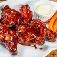 9) Honey Bbq · Bone-in wings in honey BBQ sauce served with celery or carrots and blue cheese or ranch