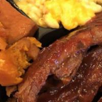 Pork Ribs · 6 pieces. Served with choices of two sides and white, wheat, and dinner roll or cornbread.