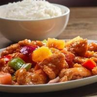 Sweet & Sour Chicken · White chicken, mixed vegetables, pineapple, strawberry.