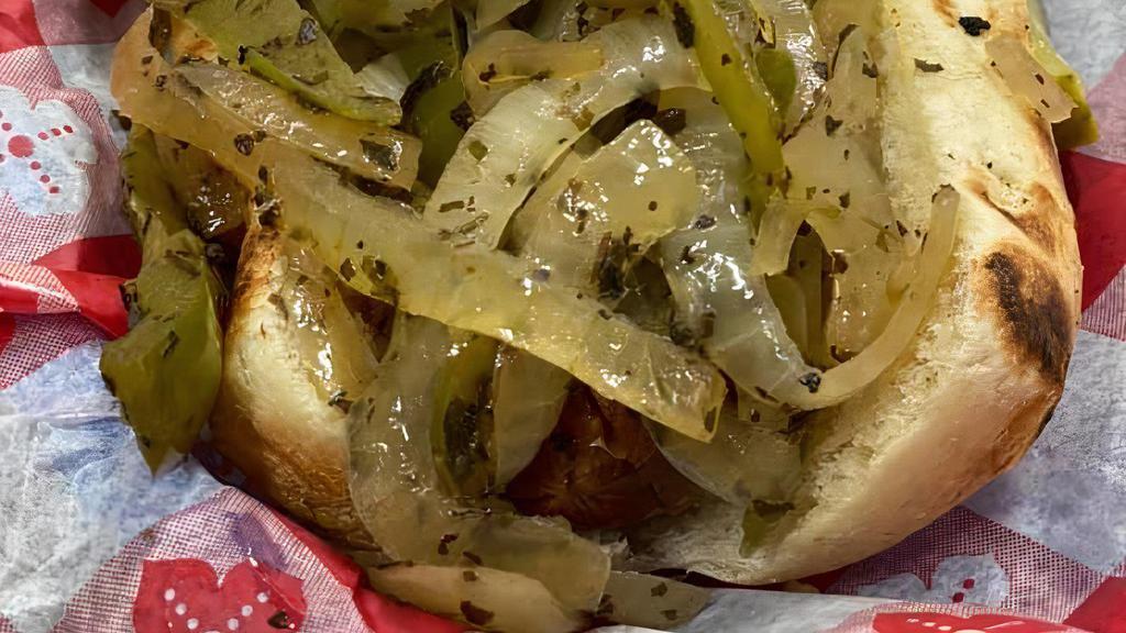 Italian Sausage · Italian Sausage with Grilled Onions and Grilled Green Peppers.