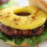 Hawaiian Burger · 100% All Beef Patty, Teriyaki Glazed Pineapple, Maple Peppered Bacon, Provolone Cheese.