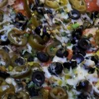 Mesilla Valey Special · Pepperoni, green chile, mushroom, black olives, green onions and jalapenos.