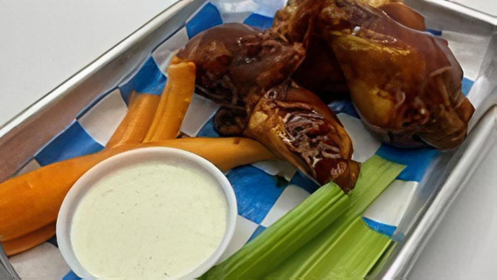 Awc 5 Bone-In Wings · 5 bone in wings crispy fried then tossed in your choice of one of our signature awc sauces. Served with veggies and your choice of ranch or blue cheese dressing