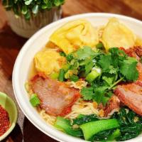 Honey Roasted Pork And Shrimp Wonton · Honey-roasted pork, shrimp wonton, bok choy, scallion, cilantro, and preserved cabbage in li...