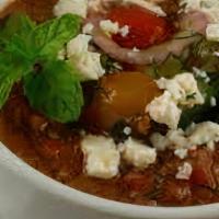 Greek Salad & Gulf Shrimp · Feta, pepperoncini, kalamata olive, red onion, tomato, cucumber, and red wine vinaigrette.