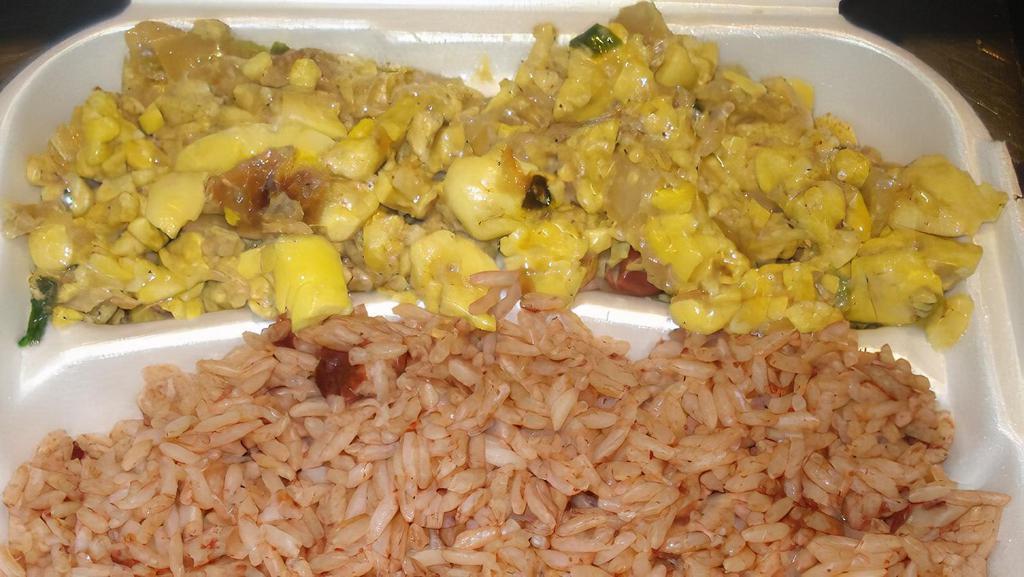 Ackee & Saltfish · made with salted fish and the national fruit ackee. Served with yam, banana, dumpling.
