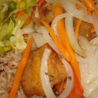 Escoveitch Fish · Marinated & pan-fried with spices. Choose from fillet, snapper or King fish. Served with 2 s...