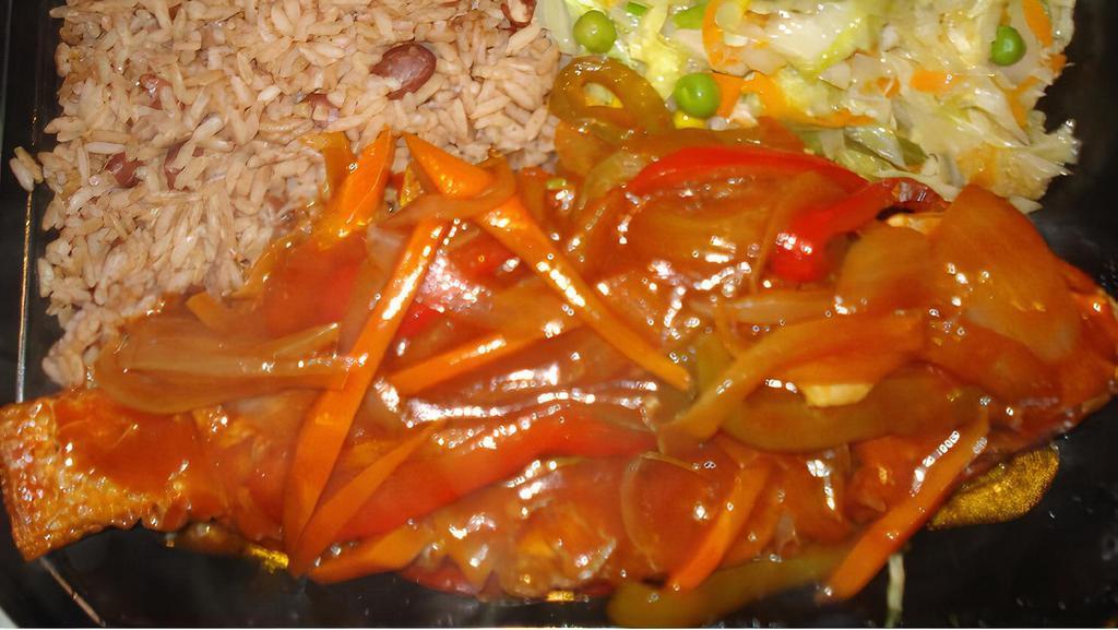 Brown Stewed Fish · Snapper, Fillet or King fried fish them stewed down on low heat in a savory sauce that is flavored with Jamaican herbs and spices.