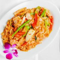 Pad Kee Mow. Drunken Noodles (Dinner) · Drunken noodles. Stir-fried rice noodle in chili sauce with ground chicken, red and green pe...