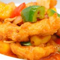 Spicysweetchicken · Hot and Spicy. Crispy chicken stir fried with green bell pepper, red bell pepper, yellow oni...