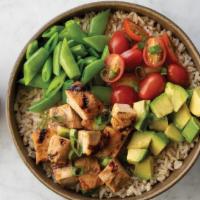 Goddess Bowl · A bed of brown rice topped with grilled chicken, sugar snap peas, avocado, organic grape tom...