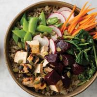 Goddess Greens And Beets Bowl · A bed of brown rice and quinoa topped with tofu, sautéed organic baby kale, sugar snap peas,...