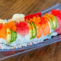 Rainbow Roll · Crab salad, avocado, cucumber topped with salmon, tuna, eel, shrimp, masago.