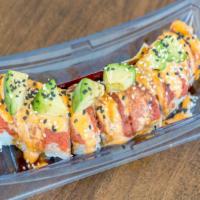 Hawaii Roll · Imitation crab, avocado, cucumber, topped with spicy tuna and diced avocado, spicy mayo, eel...