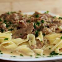 Beef Stroganoff · Thinly sliced beef tenderloin, mushrooms, sour cream, and truffle cream. Served with mashed ...