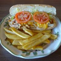 Chicken Sandwich With French Fries · Made with shredded chicken, onions, American cheese, lettuce and tomatoes on sub-roll.  Serv...