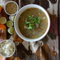 Beef & Lentil Soup · Cooked with beef, lentils, vegetables and served with rice.