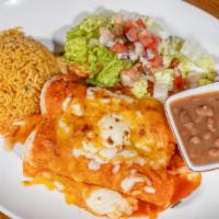 Kids Enchilada · Enchilada chicken or beef. Served with rice and beans.