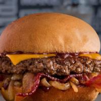 Cheddar Bacon Burger · 1/4 Lb certified angus beef, cheddar cheese, applewood smoked bacon, grilled onions, BBQ sau...