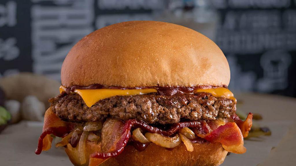 Cheddar Bacon Burger · 1/4 Lb certified angus beef, cheddar cheese, applewood smoked bacon, grilled onions, BBQ sauce, potato bun.