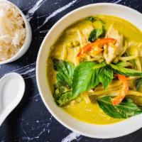 Green Curry · Thai green curry with coconut milk, chickpea, green pea, red & green bell peppers, basil, an...