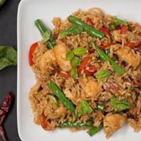 Basil Fried Rice · Stir-fried jasmine rice with spicy chili basil sauce, green bean, onion, bell pepper, and ba...