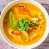 Tom Yum · Spicy lemon grass soup with mushrooms. Choices of chicken, shrimp, or veggies.