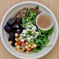 Spring Mezze Bowl (Gf) (Seasonal) · Arugula & Spinach Mix, Tricolored Quinoa, Fire-Roasted Peppers & Chickpeas (cold), Roasted B...