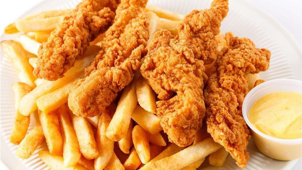 Kid'S Chicken Tenders · Lightly fried chicken tenderloins with gravy. Choice of side fries, broccoli, or mashed potatoes.