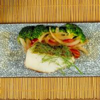 Saikyo Chilean Seabass · Marinated and grilled filet in light miso sauce with sauteed broccoli, onion, and tomato.