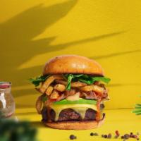 Eyes On The Fries Burger · Seasoned 100% Beyond burger patty topped with fries, melted vegan cheese, vegan chipotle aio...