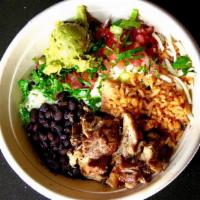 Grilled Chicken Burrito Bowl · Grilled chicken served in a bowl with mexican rice, beans, jack cheese, tomato, cilantro, sc...