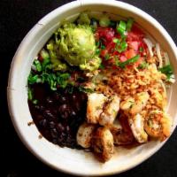 Sauteed Shrimp Burrito Bowl · Sauteed shrimp served in a bowl with mexican rice, beans, jack cheese, tomato, scallion, cil...
