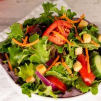 House Side Salad · Fresh mixed greens, cucumbers, carrots, tomatoes, and onions, served with croutons and a sid...