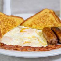 French Breakfast · Half order of thick or thin french toast, two strips of bacon, two sausage link and two eggs...