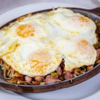 Combo Skillet · Ham, sausage, bacon, green peppers, onions, and cheddar cheese, with two eggs any style.